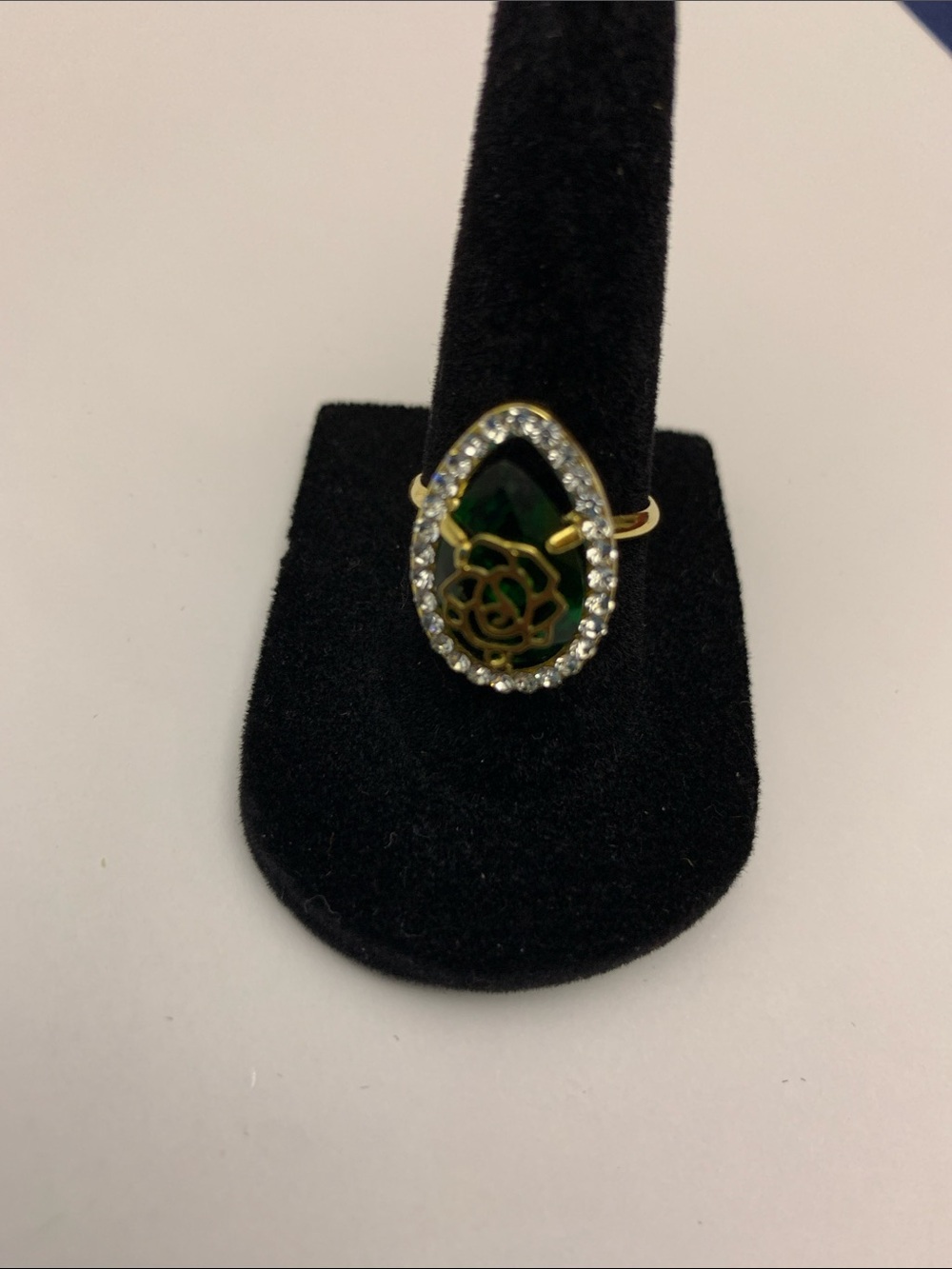Gold-Tone Emerald Green Teardrop Crystal Ring with Clear Halo Adjustable Size